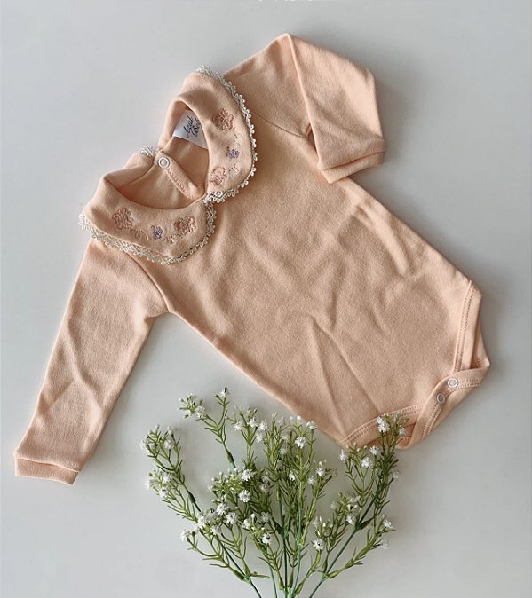 Body Luxo Bordado Jardim Borboletas Salmão 0/3 meses