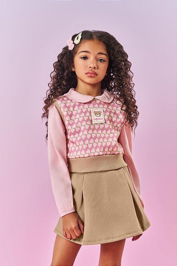 Conjunto Blusa Short Saia e Colete Rosa Plie com Café Cinti