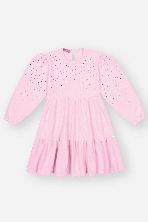 Vestido Manga Longa Rosa Plie Strass Cinti