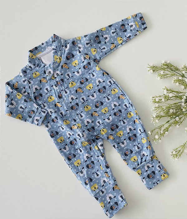 Macacão Bebê Zíper Manga Longa - Estampa Doguinhos Azul | Cotton Premium