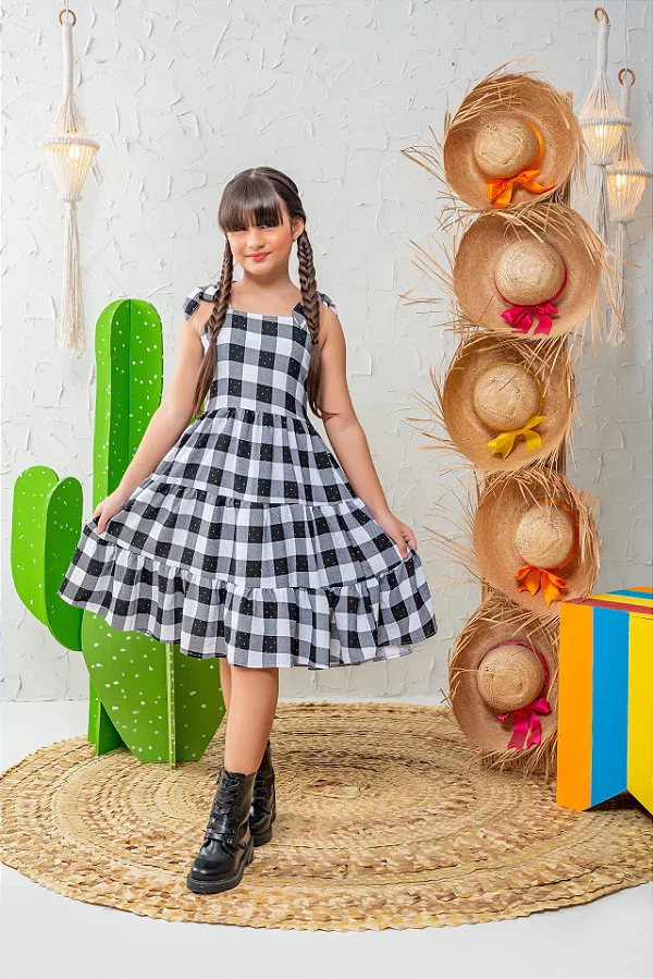 Vestido Infantil Xadrez preto Festa Junina – Modelo com Laços nos Ombros e Babado Rodado | Moda Menina 4 a 14 anos