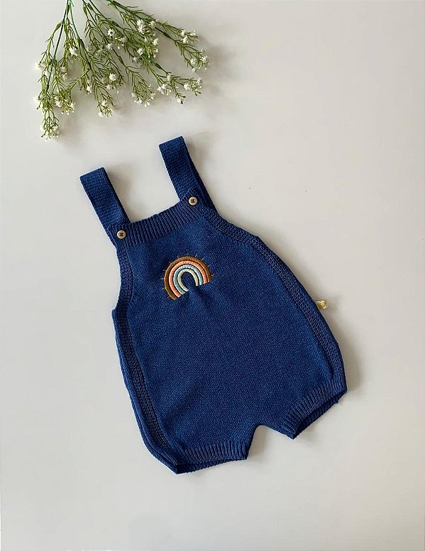 Romper de Tricô Bordado Arco Iris Azul Jeans