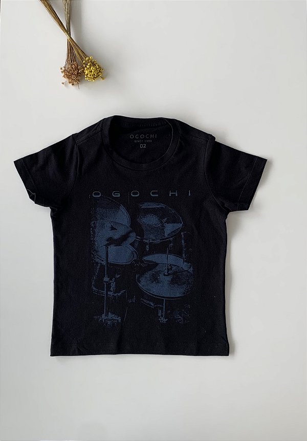 Camiseta Infantil Concept Slim Preta Bateria Musica Ogochi