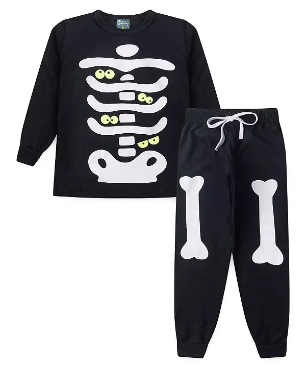 Conjunto Pijama Esqueleto  Preto Brilha No Escuro Preto