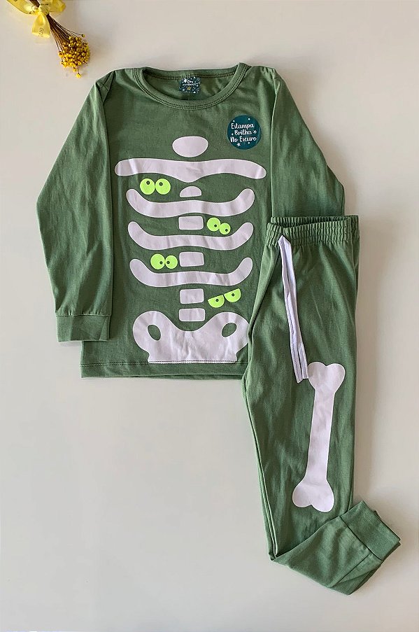 Conjunto Pijama Esqueleto Brilha No Escuro Verde
