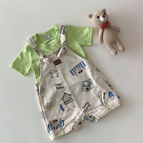 Conjunto Camiseta e Jardineira Verde Fluor com Café Divertto