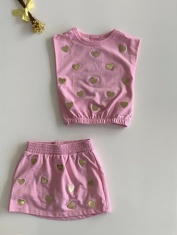 Conjunto Blusa e Short Saia Rosa Corações Cinti