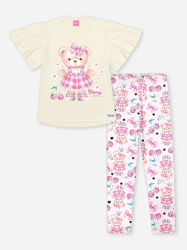 Conjunto Blusa e Legging Natural Ursa Pompom Cinti
