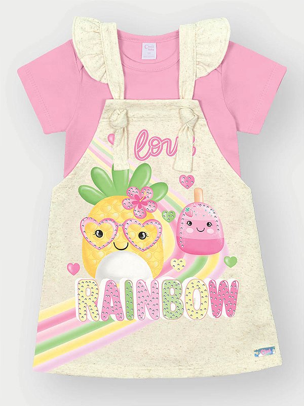 Conjunto Body e Salopete Off com Rosa Iogurte Cinti