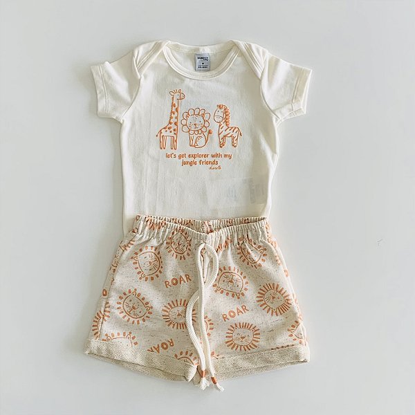 Conjunto Body Natural e Bermuda Nectarine com Bege Divertto Safari
