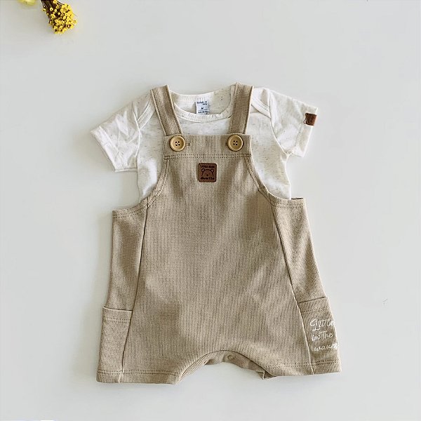 Conjunto Body e Jardineira Café com Off Divertto Safari