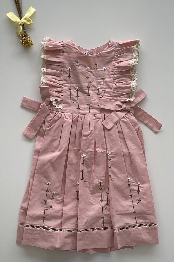 Vestido Infantil Artesanal Bordado a mão Rose Borboletas
