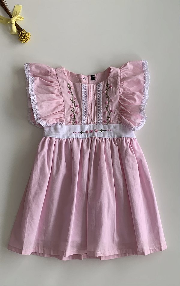 Vestido Infantil Artesanal Bordado a mão Rosa Flores