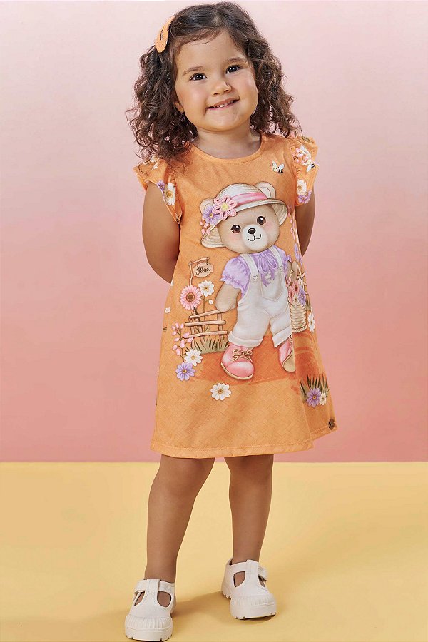 Vestido Fresh Ursa Camponesa Laranja Flora Infanti