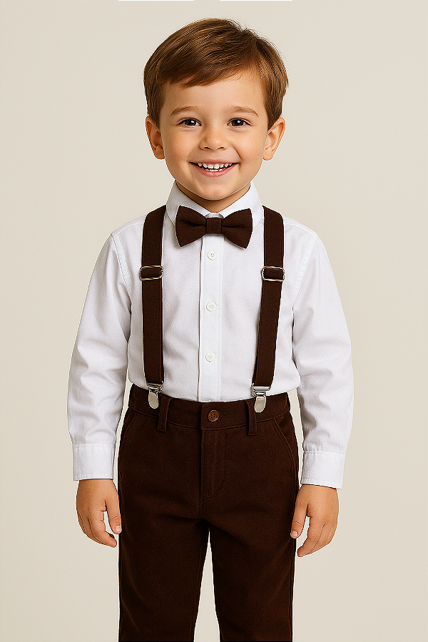 Conjunto Social Infantil Branco com Marrom Longo no Linho Pagem