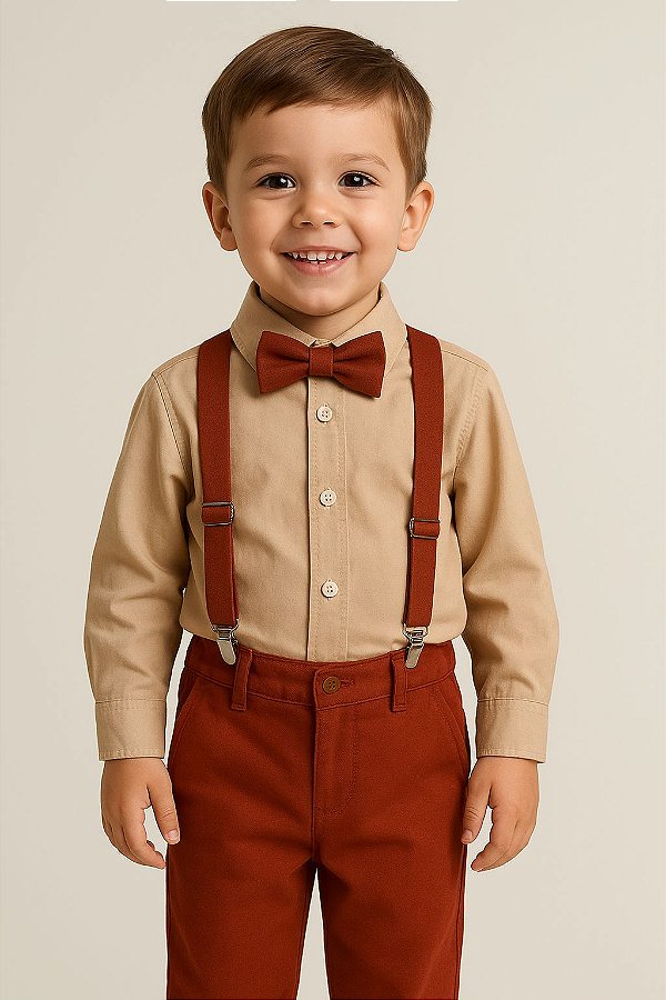 Conjunto Social Infantil Bege com terracota  Longo no Linho Pagem