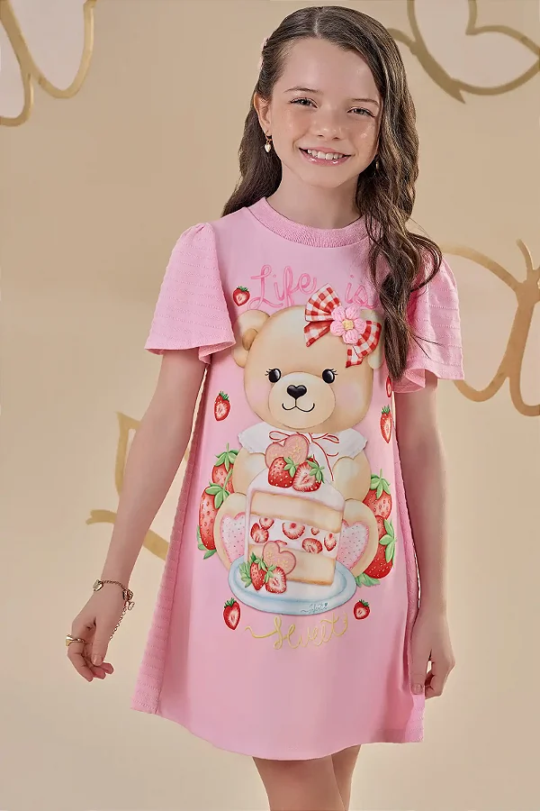 Vestido em Malha Ursa Morango Rosa Infanti