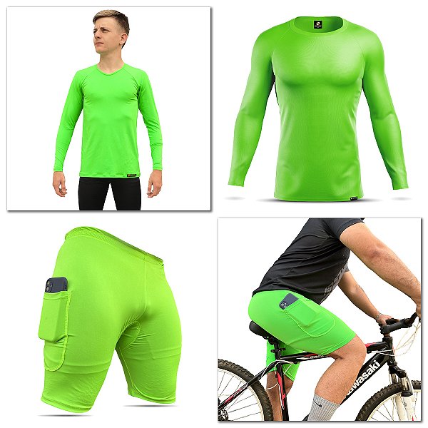 Conjunto Camisa Segunda Pele e Bermuda Ciclismo Adstore Premium Masculino Neon