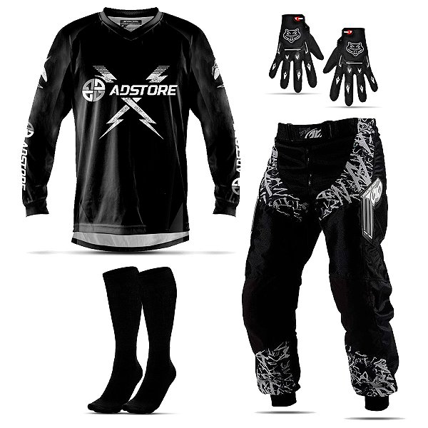 Conjunto Calça Camisa Luva e Meião Motocross Adstore Black