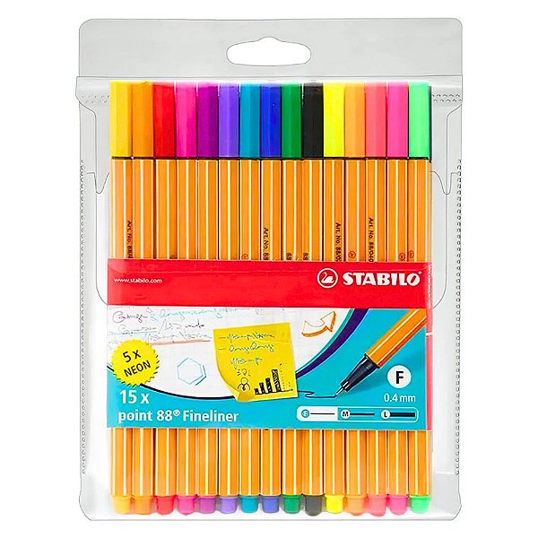 Estojo Canetas Point 88 Fine 0.4mm com 10 Cores + 5 Cores Neon -  Stabilo