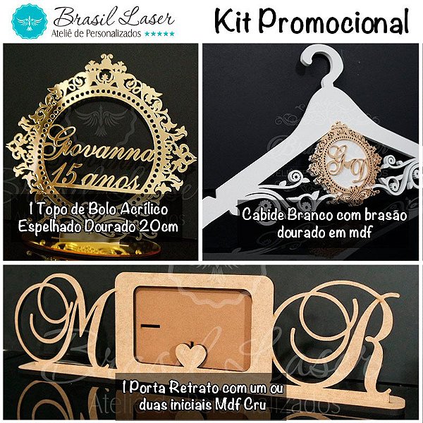 Kit Promocional! 1 Topo de Bolo Espelhado Dourado 20 cm + 1 Cabide + 1 Porta Retrato