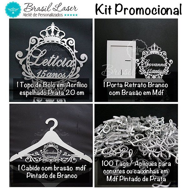Kit Promocional! 1 Topo de Bolo Espelhado Prata 20 cm + 1 Porta Retrato com Brasão + 1 Cabide + 100 Tags/Apliques para convites