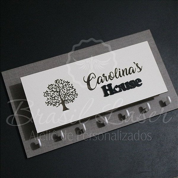 Porta Chaves com Porta Carta para Parede Personalizado (Fundo Mdf Cinza com detalhe em Acrílico Preto)