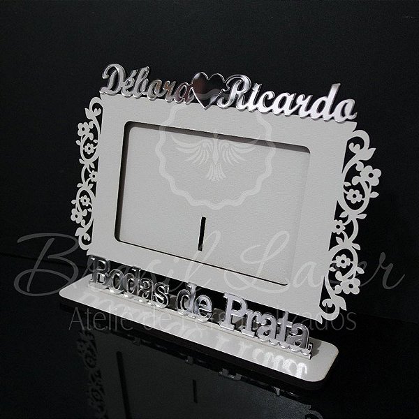 Porta Retrato Bodas de Prata, Branco com Acrílico Espelhado foto 10cmx15cm Personalizado no nome do Casal