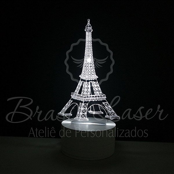 Abajur Luminária de Led sem Fio com Acrílico Grosso Iluminado - Torre Eiffel 3 D - Veja opções de Tamanho no Anúncio