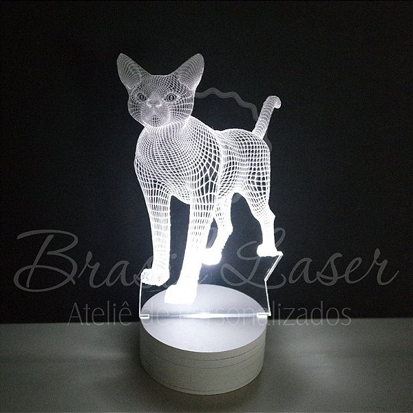 Abajur Luminária de Led sem Fio com Acrílico Grosso Iluminado - Gato 3D - Veja opções de Tamanho no Anúncio
