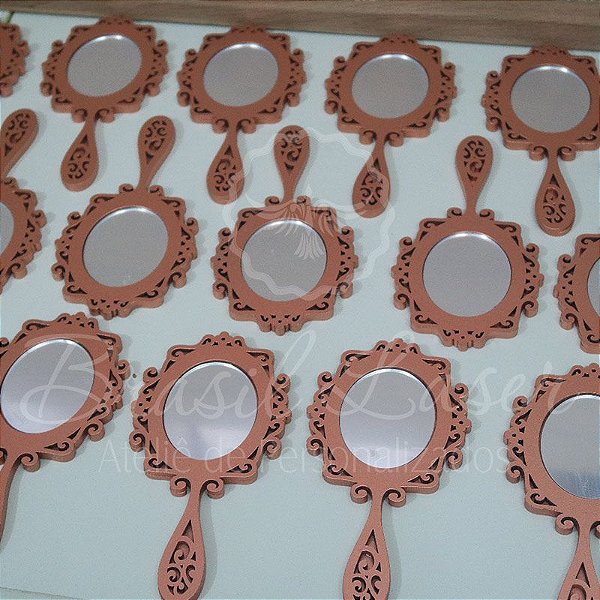 100 Espelhos de mão com 15 cm de altura em Mdf Pintado de Rosê com Espelho em acrílico