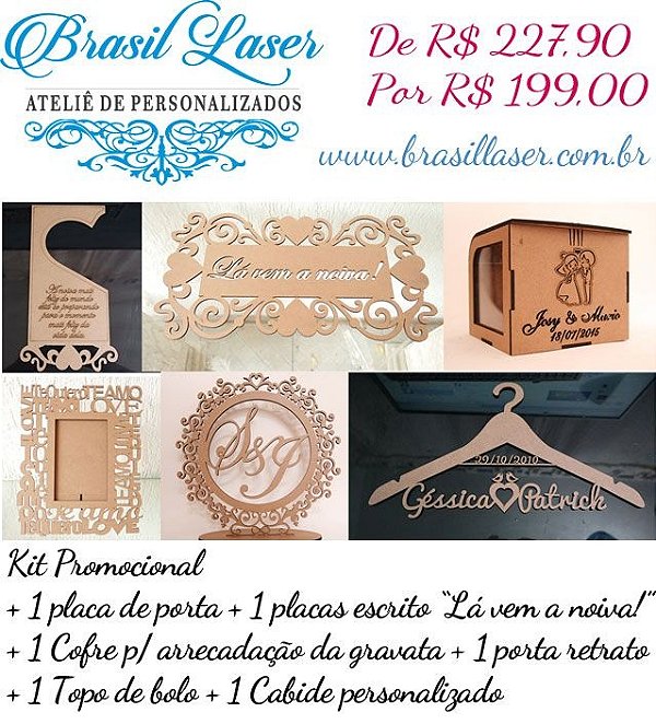 Kit Promocional 1 Topo Bolo Mdf + 1 Cabide Mdf + 1 Placa Mdf + 1 Cofre Gravata + 1 Placa Maçaneta Porta + 1 Porta Retrato