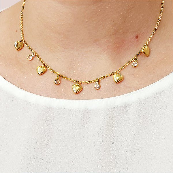 Colar Pingente Coração com Zircônias Rosa Banhado a Ouro 18K