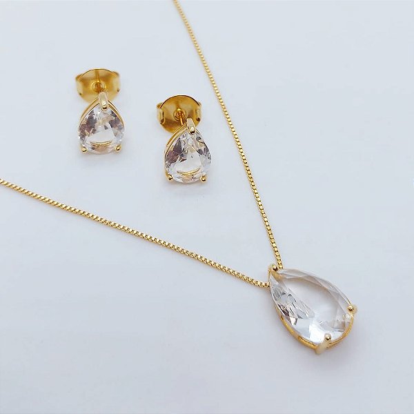 Conjunto Gota Cristal  Banhado a Ouro 18k