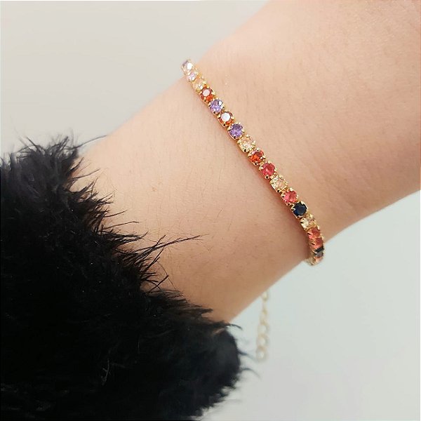 Pulseira Riviera com Pedras Coloridas banhada a ouro 18k
