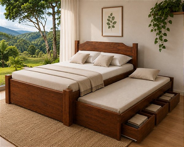 Bicama Travessão Com Cama De Viúva 1,30 X 1,90 - Bicama 1,90 X 90 - 03 Gavetas - Madeira Maciça - Móveis de Gramado
