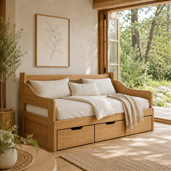 Sofá Cama Jaquirana 03 Gavetas 1,90 x 65/1,10 Aberto - Madeira Maciça - Móveis de Gramado