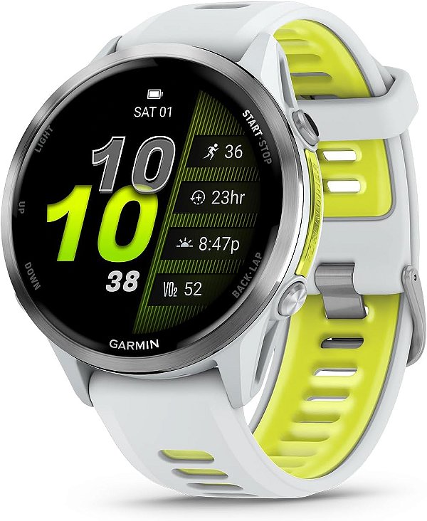 Garmin® Forerunner® 970, Smartwatch GPS Premium para Corrida e Triatlo, Tela AMOLED, Lanterna LED Integrada, Titânio com Caixa Whitestone e Pulseira Amarela