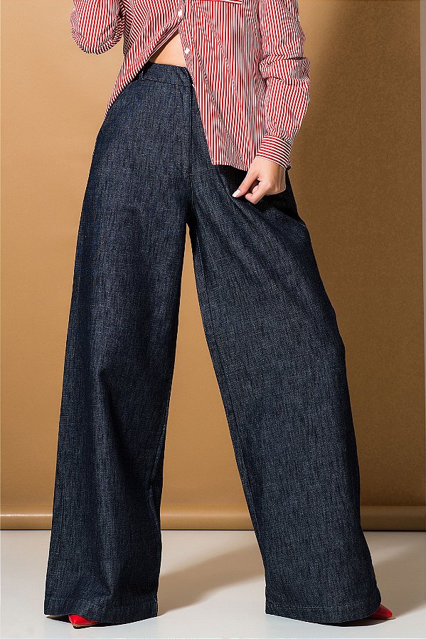 Calça alfaiataria pantalona jeans feminina