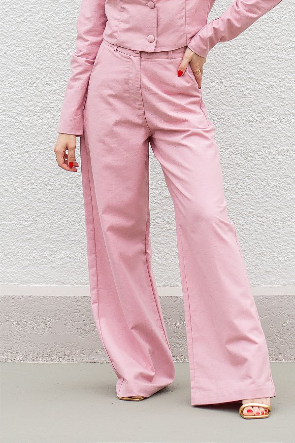 Calça alfaiataria pantalona rose blush com linho feminina.