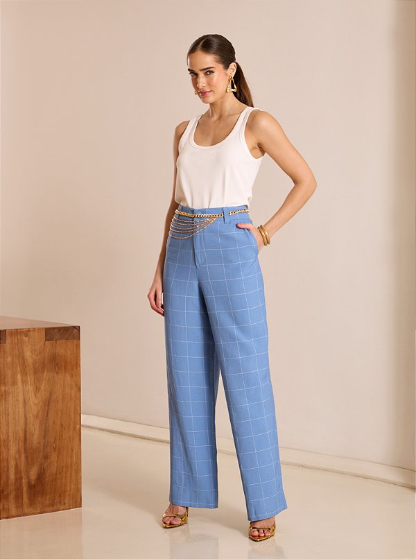 Calça Cristina Alfaiataria Check Azul