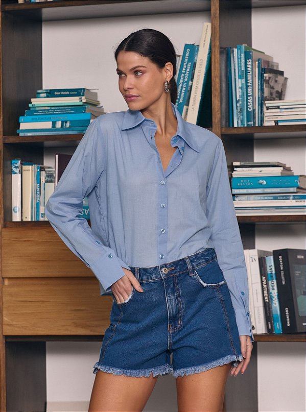 Camisa Adriana Manga Longa Fio Tinto Azul