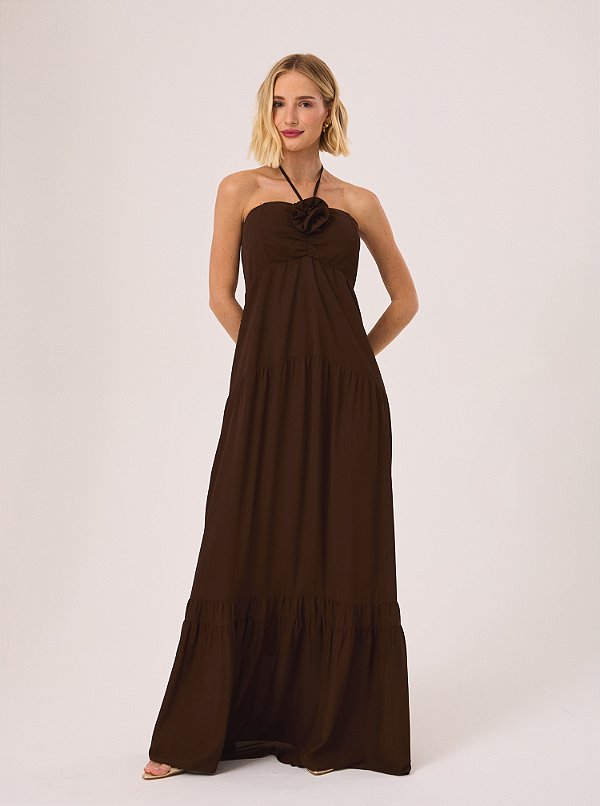 Vestido Agatha Chifon Fluido Marrom