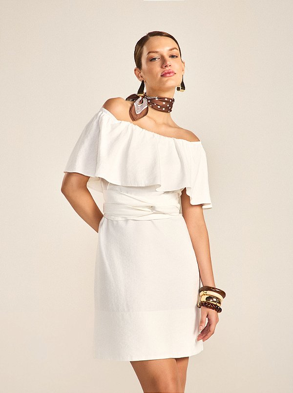Vestido Fernanda Curto Crepe com Babado Off White