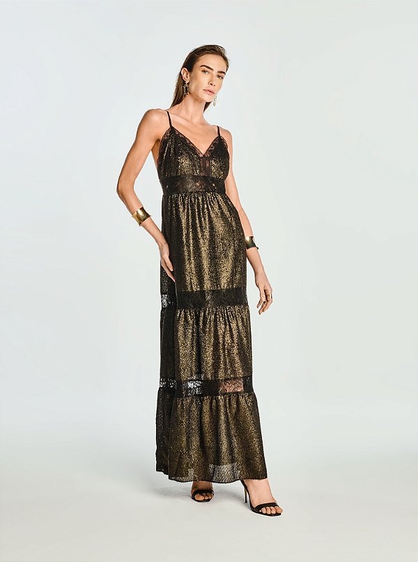 Vestido Hanna Jacquard Preto e Dourado