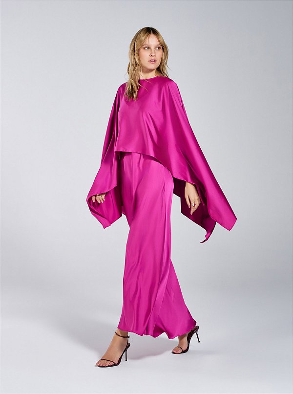 Vestido Monica Acetinado Assimétrico Fúcsia