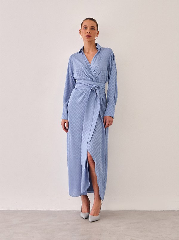 Vestido Adelaide Jacquard Poá Azul