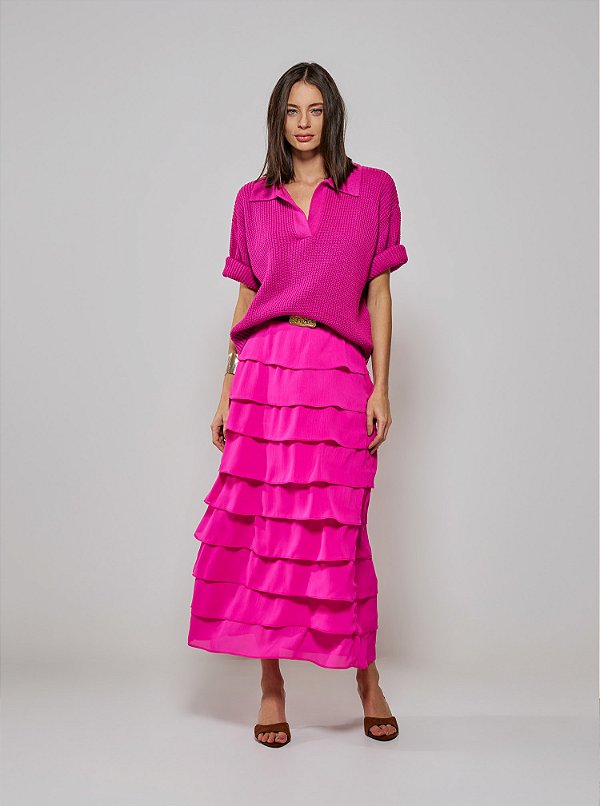 Saia Rose Chiffon Camadas Pink