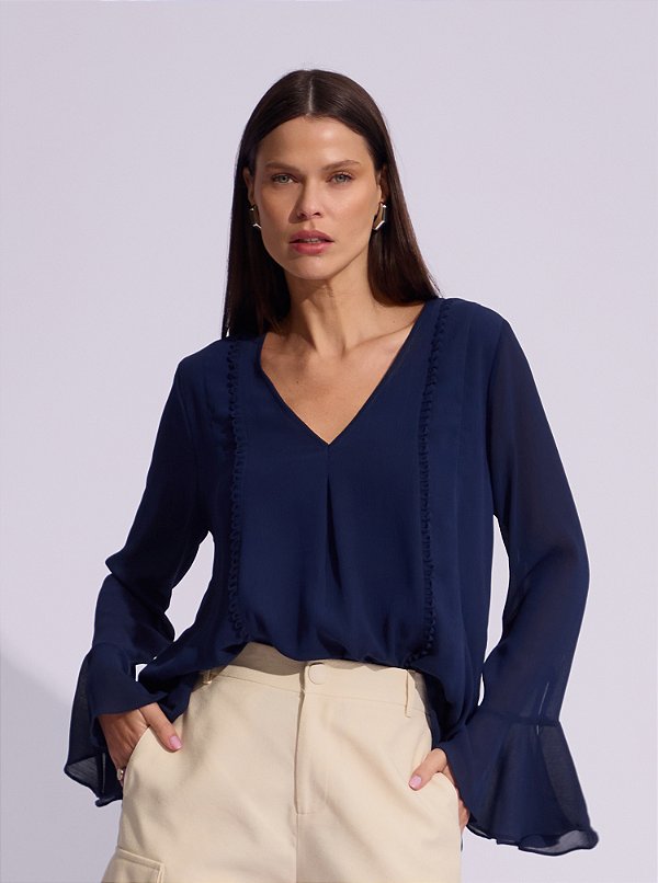 Blusa Belmira Chiffon com Viés Marinho