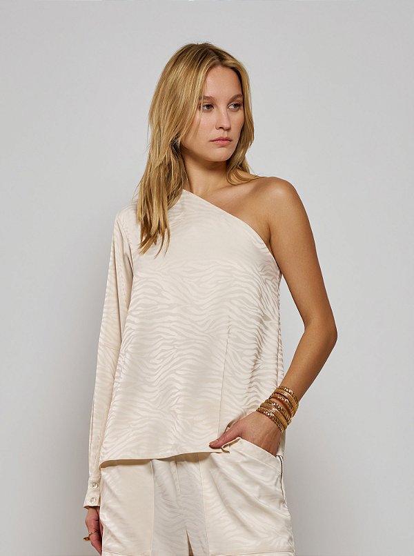Blusa Evelyn Ombro Só Acetinada Jacquard Creme